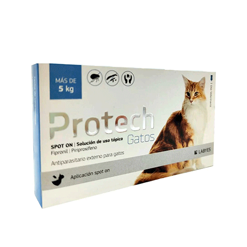 Protech Gatos 5+ kg / Labyes / Antiparasitario externo para el control y prevención de pulgas, garrapatas, mosquitos y flebótomos en gatos