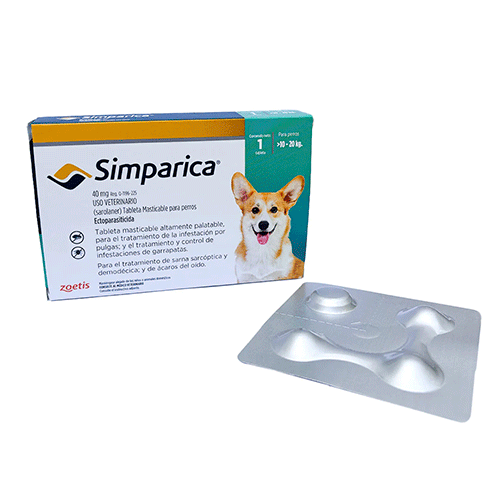 Simparica 40 mg 1 tab. 10 a 20 Kilos/ Zoetis/ Antiparasitario externo contra pulgas, garrapatas y sarnas
