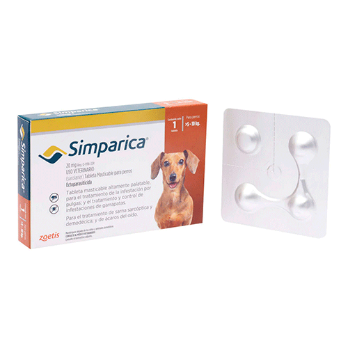 Simparica 20 mg 1 tab 5 a 10 Kilos/ Zoetis / Antiparasitario externo contra pulgas, garrapatas y sarnas
