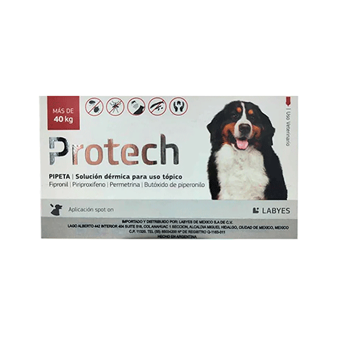 Protech Perros 40 kg / Labyes / Antiparasitario externo para el control y prevención de pulgas, garrapatas, mosquitos y flebótomos en perros