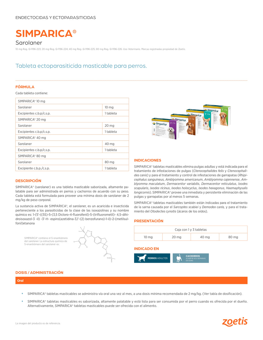 Simparica 40 mg 1 tab. 10 a 20 Kilos/ Zoetis/ Antiparasitario externo contra pulgas, garrapatas y sarnas