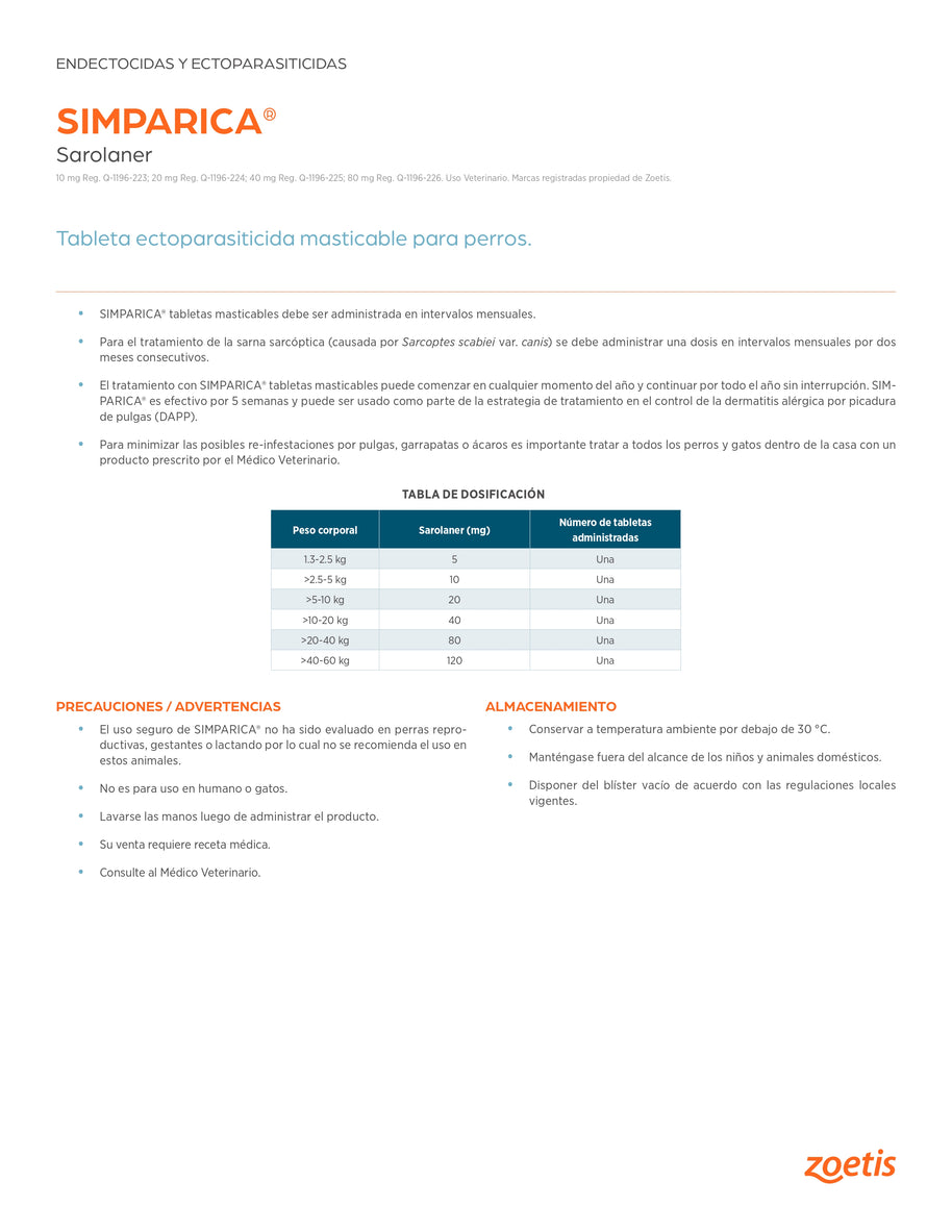 Simparica 40 mg 1 tab. 10 a 20 Kilos/ Zoetis/ Antiparasitario externo contra pulgas, garrapatas y sarnas