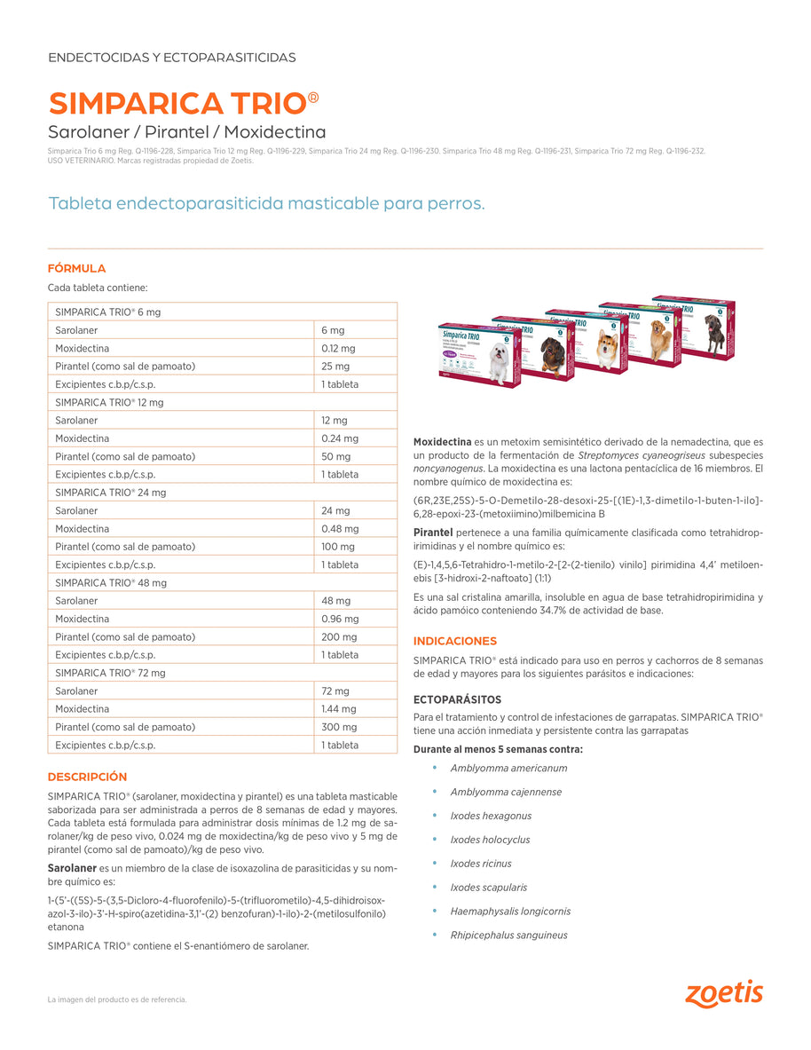 Simparica TRIO brown 40.1-60 kg 1 tab/ Zoetis/ Antiparasitario que elimina pulgas y garrapatas, parásitos gastrointestinales y previene la enfermedad por gusano del corazón