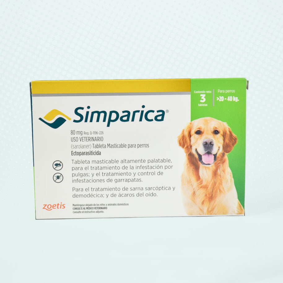 Simparica 80 mg 3 tab 30 a 40 Kilos/ Zoetis/ Antiparasitario externo contra pulgas, garrapatas y sarnas