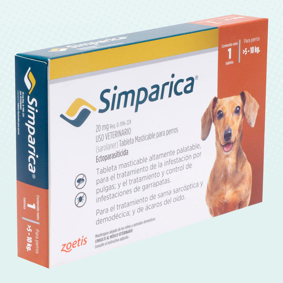 Simparica 20 mg 1 tab 5 a 10 Kilos/ Zoetis / Antiparasitario externo contra pulgas, garrapatas y sarnas