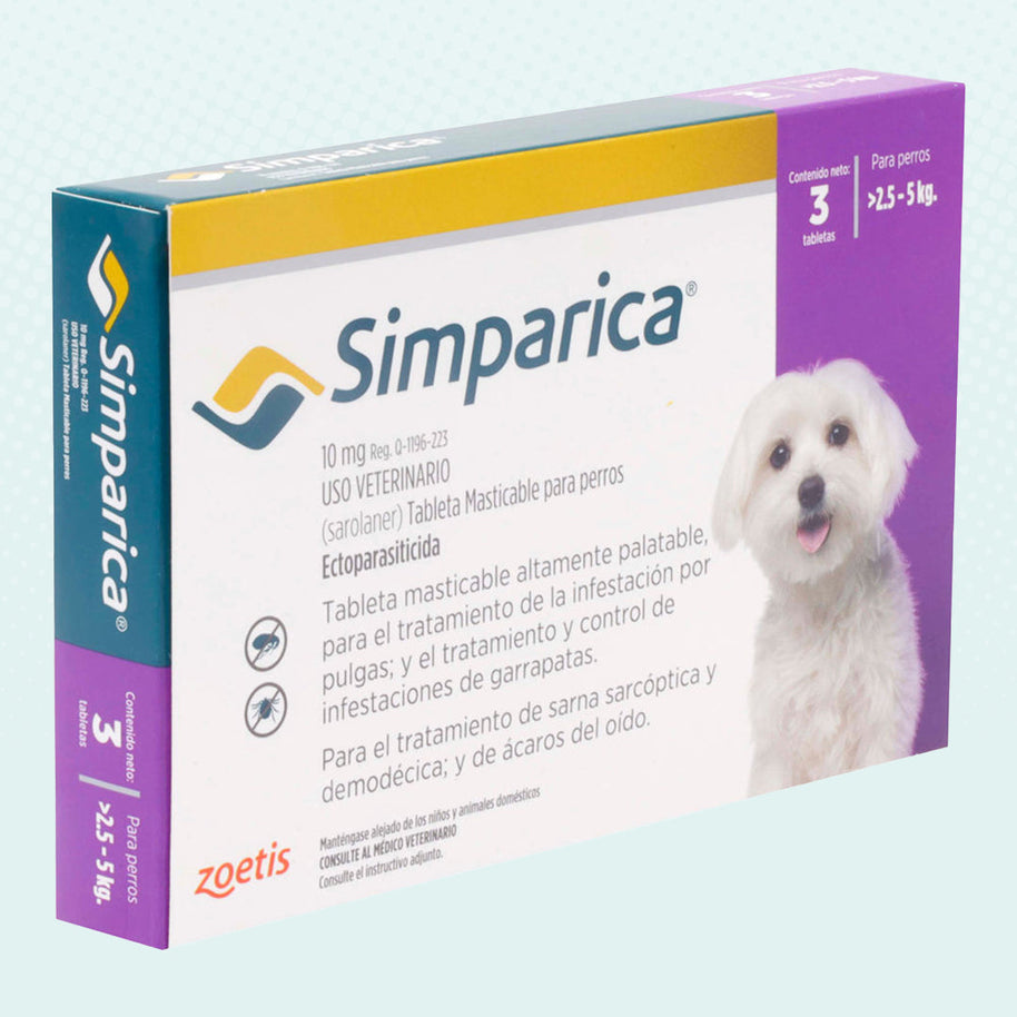 Simparica 10 mg 3 tab/ Zoetis/ Antiparasitario externo contra pulgas, garrapatas y sarnas