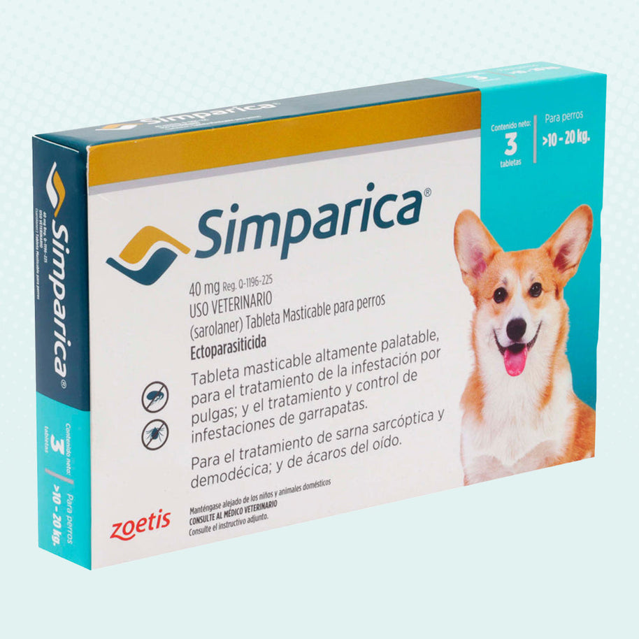 Simparica 40 mg 3 tab 10 a 20 Kilos/ Zoetis/ Antiparasitario externo contra pulgas, garrapatas y sarnas