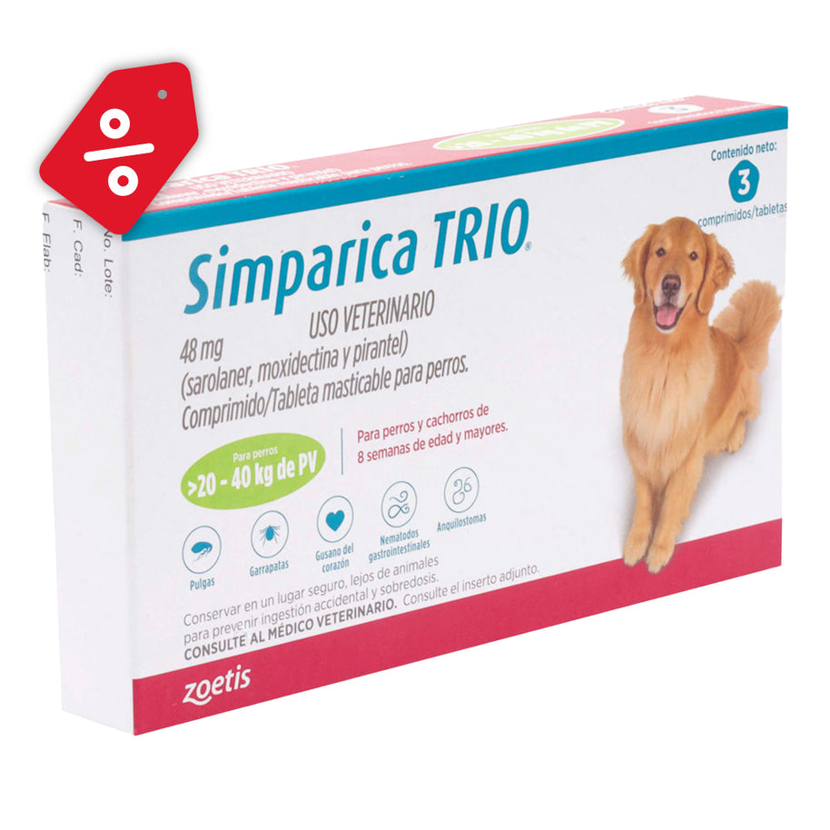 Simparica TRIO green 20.1-40 kg 3 tabs/ Zoetis/ Antiparasitario que elimina pulgas y garrapatas, parásitos gastrointestinales y previene la enfermedad por gusano del corazón