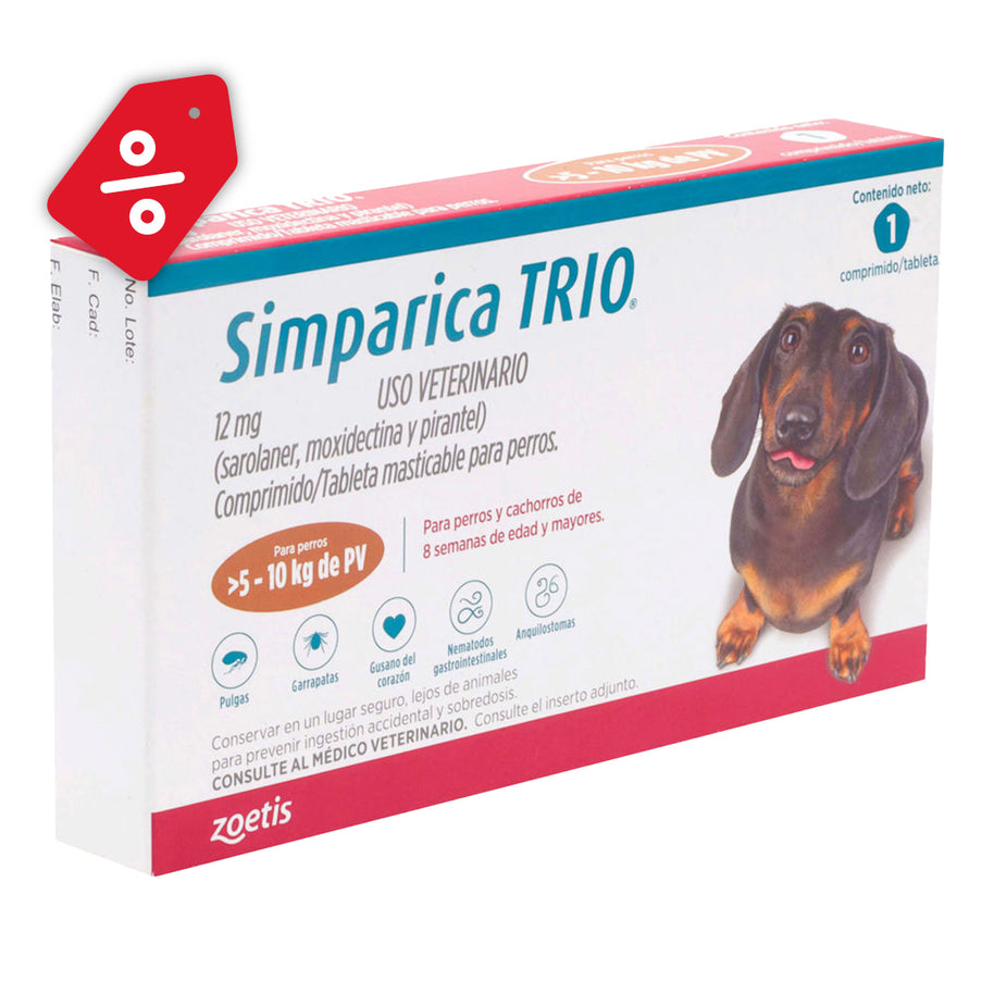 Simparica TRIO caramel 5.1-10 kg 1 tab/ Zoetis/ Antiparasitario que elimina pulgas y garrapatas, parásitos gastrointestinales y previene la enfermedad por gusano del corazón
