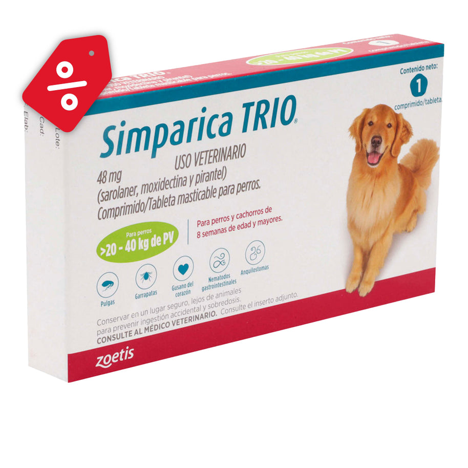 Simparica TRIO green 20.1-40 kg 1 tab/ Zoetis/ Antiparasitario que elimina pulgas y garrapatas, parásitos gastrointestinales y previene la enfermedad por gusano del corazón