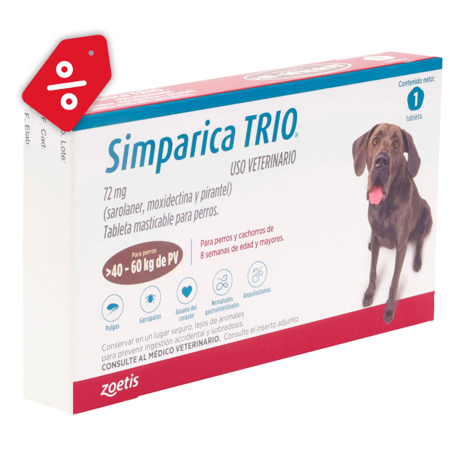 Simparica TRIO brown 40.1-60 kg 1 tab/ Zoetis/ Antiparasitario que elimina pulgas y garrapatas, parásitos gastrointestinales y previene la enfermedad por gusano del corazón