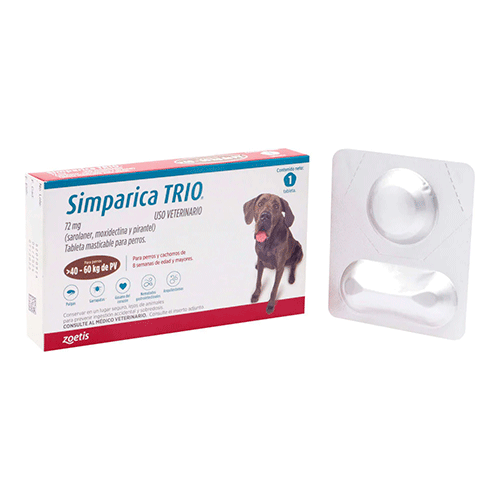 Simparica TRIO brown 40.1-60 kg 1 tab/ Zoetis/ Antiparasitario que elimina pulgas y garrapatas, parásitos gastrointestinales y previene la enfermedad por gusano del corazón