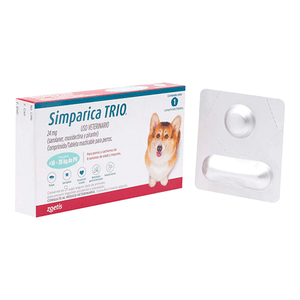 Simparica TRIO blue 10.1-20 kg 1 tab/ Zoetis/ Antiparasitario que elimina pulgas y garrapatas, parásitos gastrointestinales y previene la enfermedad por gusano del corazón