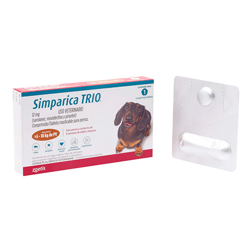 Simparica TRIO caramel 5.1-10 kg 1 tab/ Zoetis/ Antiparasitario que elimina pulgas y garrapatas, parásitos gastrointestinales y previene la enfermedad por gusano del corazón