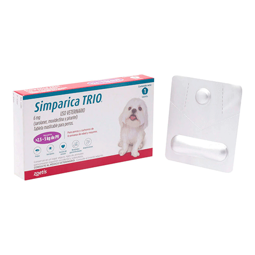 Simparica TRIO purple 2.5-5 kg. 1 tab./ Zoetis/ Antiparasitario que elimina pulgas y garrapatas, parásitos gastrointestinales y previene la enfermedad por gusano del corazón
