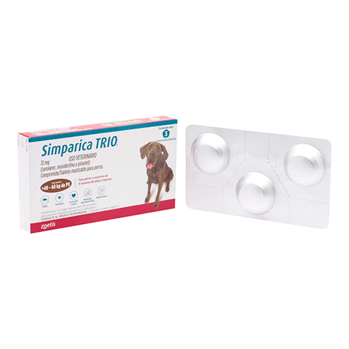 Simparica TRIO brown 40.1-60 kg 3 tabs/ Zoetis/ Antiparasitario que elimina pulgas y garrapatas, parásitos gastrointestinales y previene la enfermedad por gusano del corazón