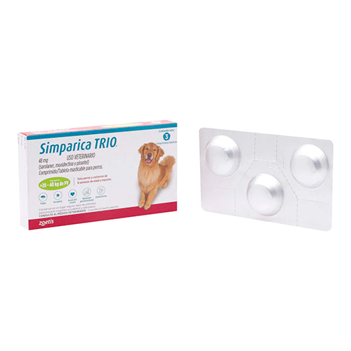 Simparica TRIO green 20.1-40 kg 3 tabs/ Zoetis/ Antiparasitario que elimina pulgas y garrapatas, parásitos gastrointestinales y previene la enfermedad por gusano del corazón