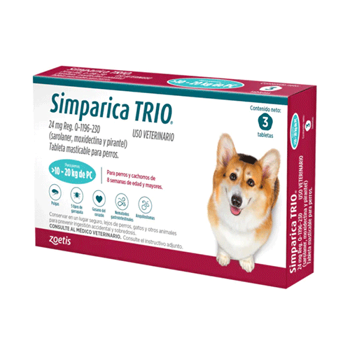 Simparica TRIO blue 10.1-20 kg 3 tabs/ Zoetis/ Antiparasitario que elimina pulgas y garrapatas, parásitos gastrointestinales y previene la enfermedad por gusano del corazón