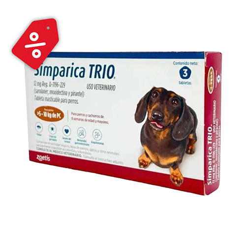 Simparica TRIO caramel 5.1-10 kg 3 tabs/ Zoetis/ Antiparasitario que elimina pulgas y garrapatas, parásitos gastrointestinales y previene la enfermedad por gusano del corazón