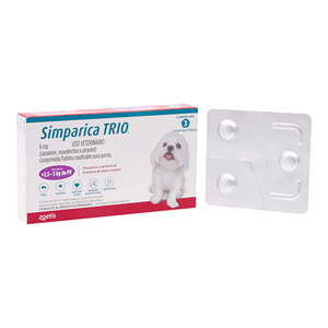 Simparica TRIO purple 2.6-5kg 3 tabs/ Zoetis/ Antiparasitario que elimina pulgas y garrapatas, parásitos gastrointestinales y previene la enfermedad por gusano del corazón