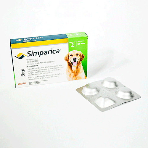 Simparica 80 mg 3 tab 30 a 40 Kilos/ Zoetis/ Antiparasitario externo contra pulgas, garrapatas y sarnas