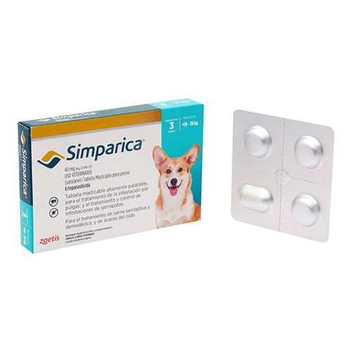 Simparica 40 mg 3 tab/ Zoetis/ Antiparasitario externo contra pulgas, garrapatas y sarnas