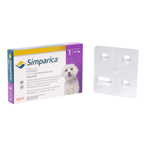 Simparica 10 mg 1 tab 2.5 a 5 Kilos/ Zoetis/ Antiparasitario externo contra pulgas, garrapatas y sarnas