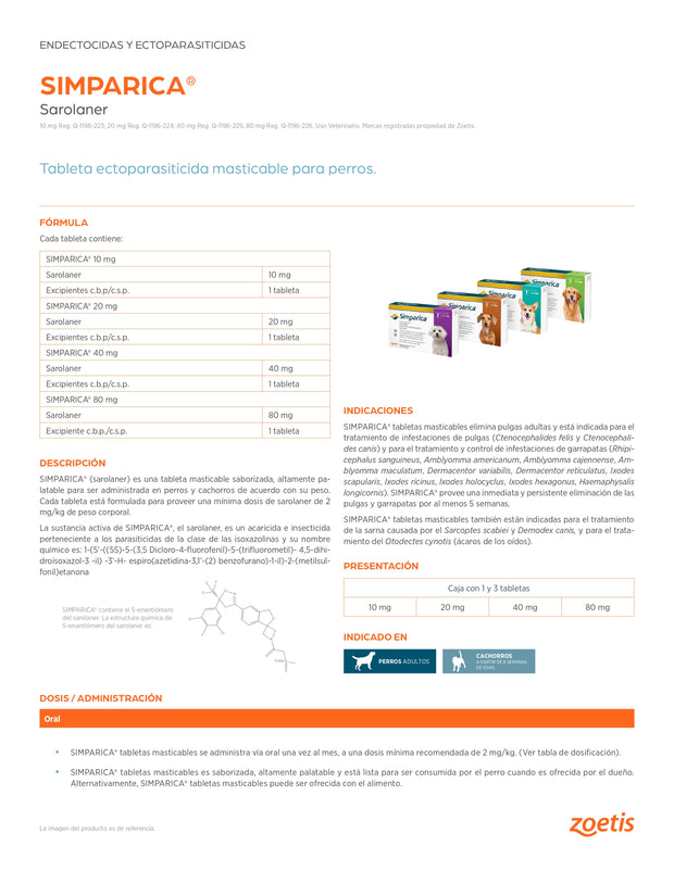 Simparica 10 mg 1 tab 2.5 a 5 Kilos/ Zoetis/ Antiparasitario externo contra pulgas, garrapatas y sarnas
