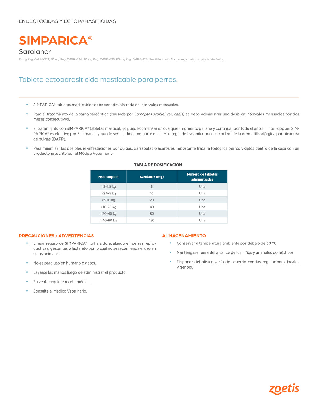 Simparica 40 mg 1 tab. 10 a 20 Kilos/ Zoetis/ Antiparasitario externo contra pulgas, garrapatas y sarnas