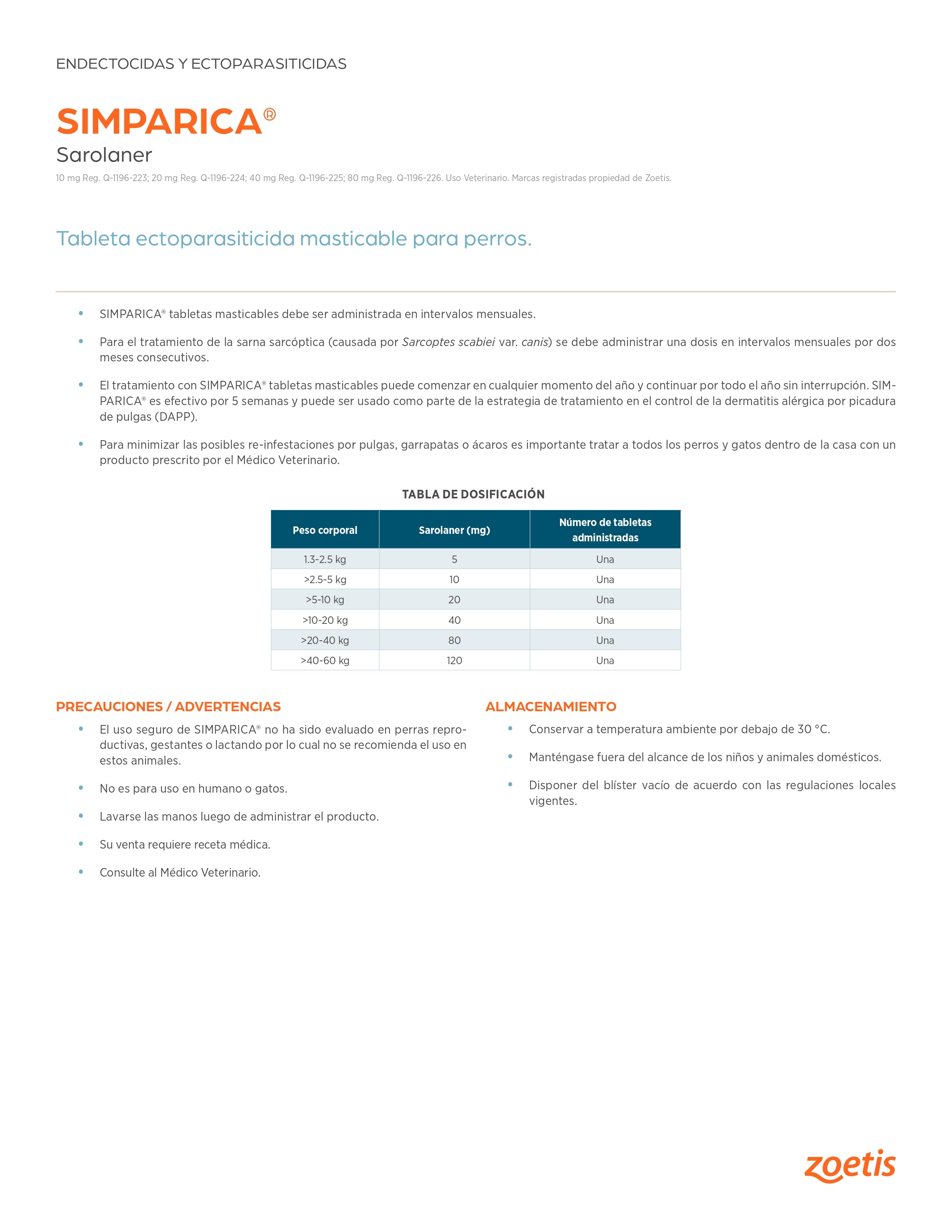 Simparica 80 mg 1 tab 20 a 40 Kilos/ Zoetis/ Antiparasitario externo contra pulgas, garrapatas y sarnas