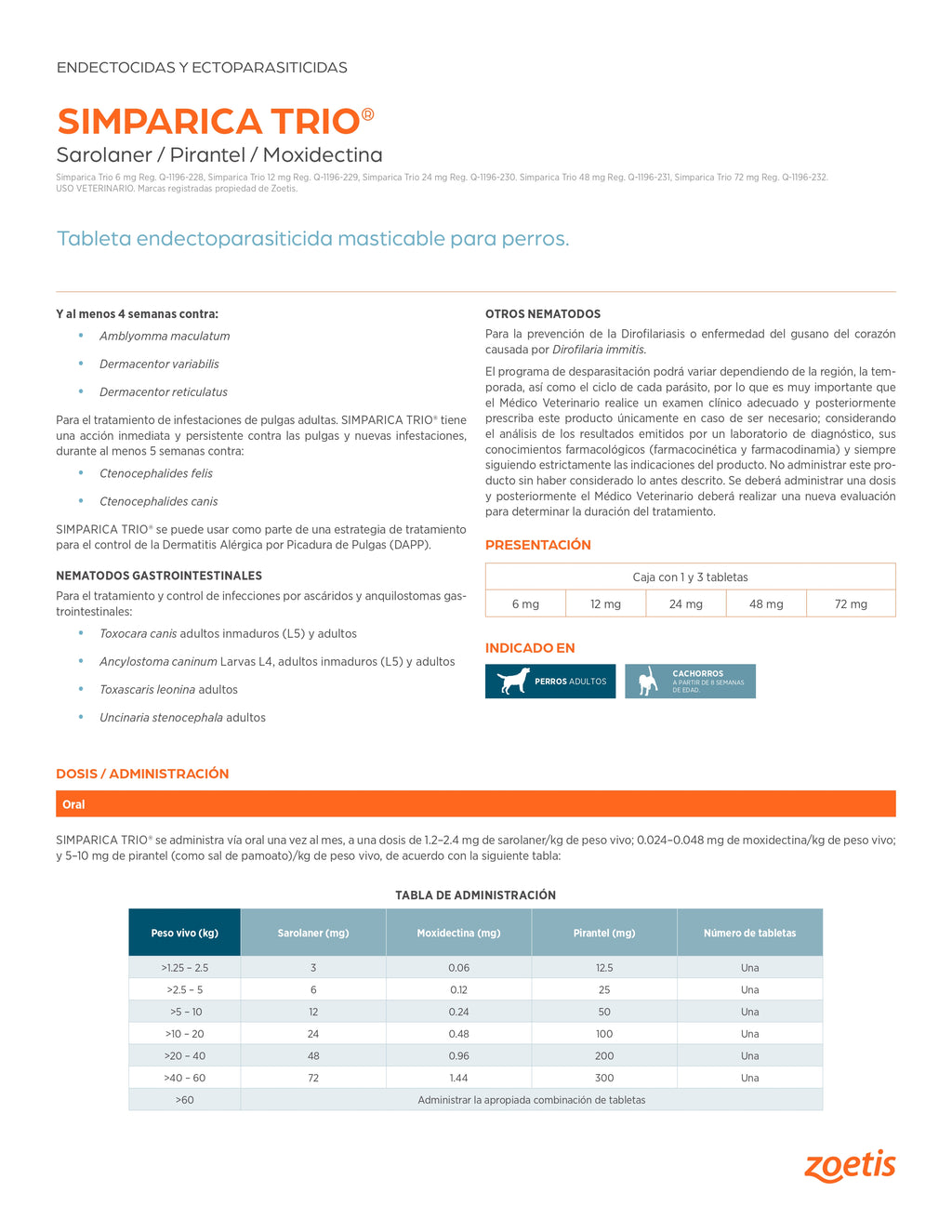 Simparica TRIO brown 40.1-60 kg 3 tabs/ Zoetis/ Antiparasitario que elimina pulgas y garrapatas, parásitos gastrointestinales y previene la enfermedad por gusano del corazón