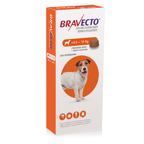 Bravecto 250 mg 1 tab.  4.5 a 10 K 3 meses Naranja