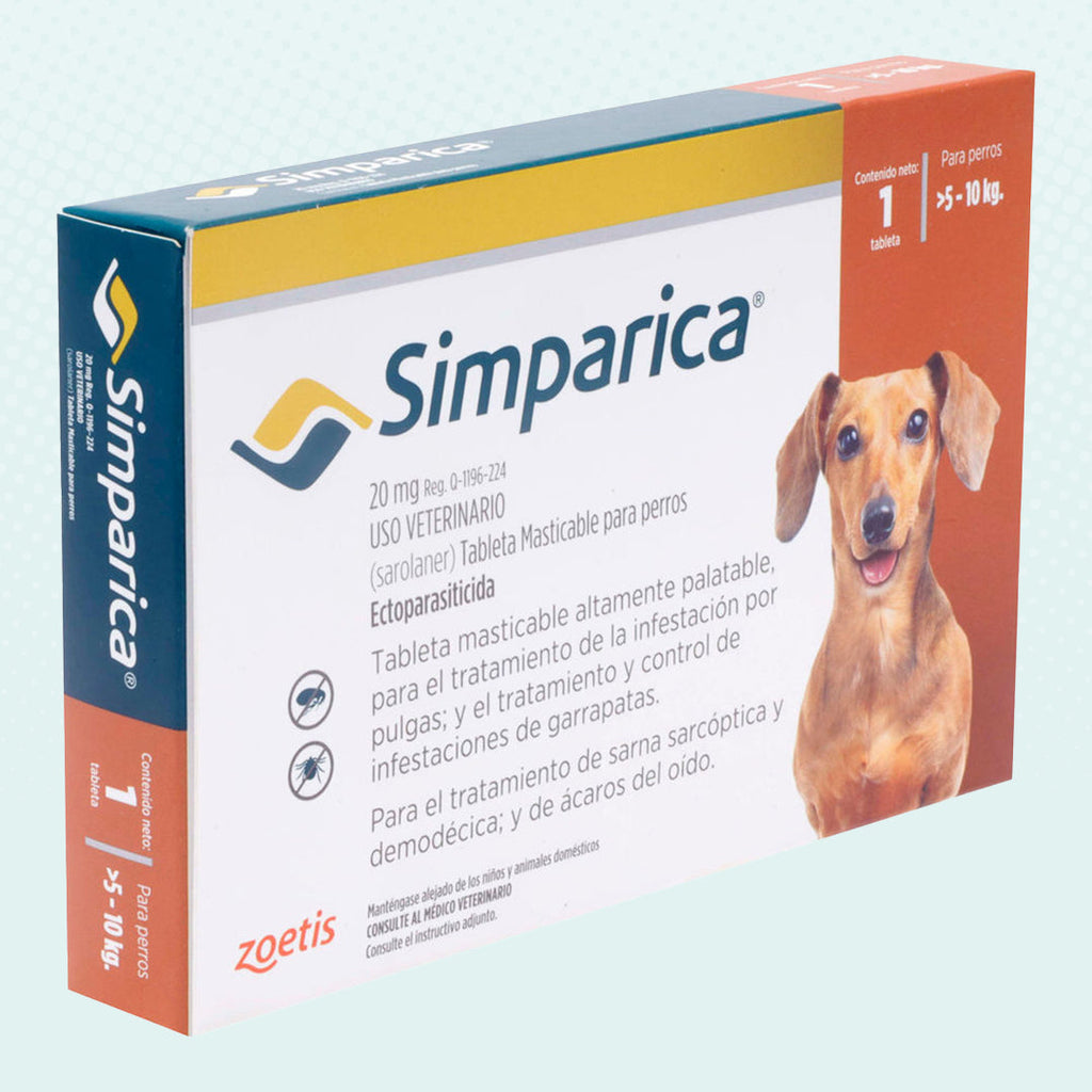Simparica 20 mg 1 tab 5 a 10 Kilos/ Zoetis / Antiparasitario externo contra pulgas, garrapatas y sarnas