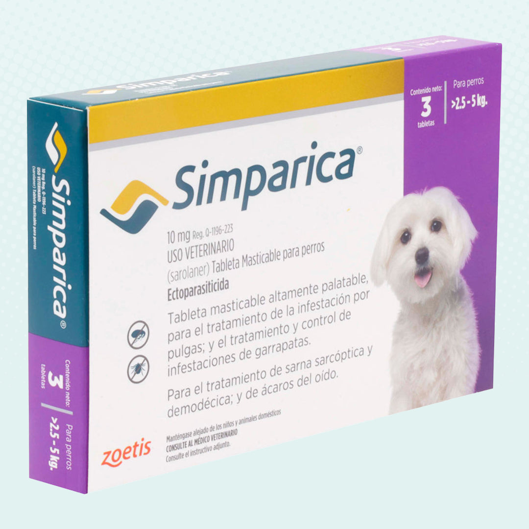 Simparica 10 mg 3 tab 2.5 a 5 Kilos/ Zoetis/ Antiparasitario externo contra pulgas, garrapatas y sarnas