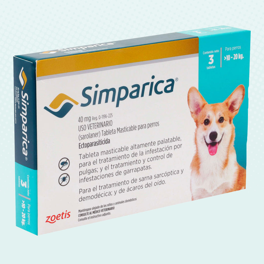 Simparica 40 mg 3 tab 10 a 20 Kilos/ Zoetis/ Antiparasitario externo contra pulgas, garrapatas y sarnas