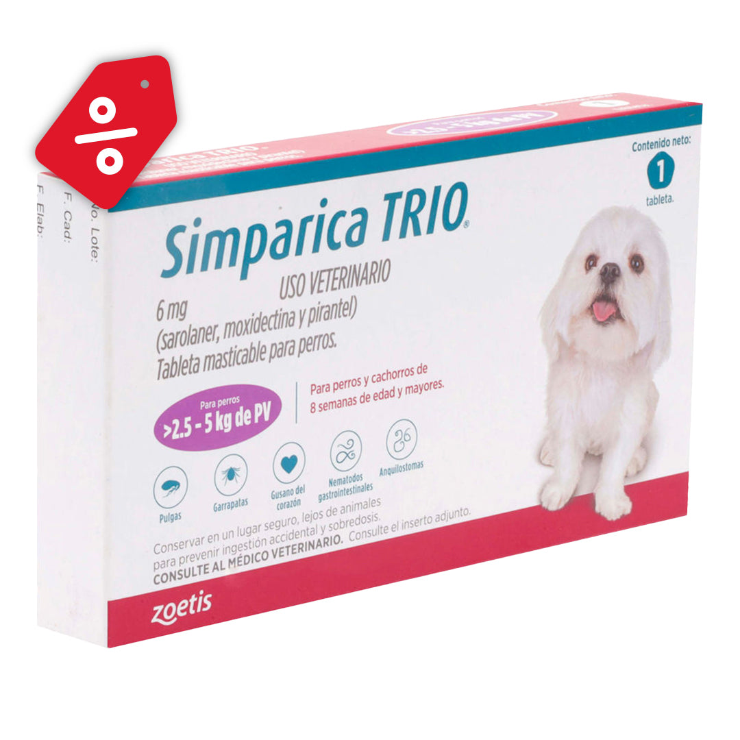 Simparica TRIO purple 2.5-5 kg. 1 tab./ Zoetis/ Antiparasitario que elimina pulgas y garrapatas, parásitos gastrointestinales y previene la enfermedad por gusano del corazón