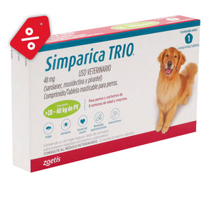 Simparica TRIO green 20.1-40 kg 1 tab/ Zoetis/ Antiparasitario que elimina pulgas y garrapatas, parásitos gastrointestinales y previene la enfermedad por gusano del corazón