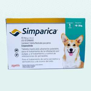 Simparica 40 mg 1 tab. 10 a 20 Kilos/ Zoetis/ Antiparasitario externo contra pulgas, garrapatas y sarnas