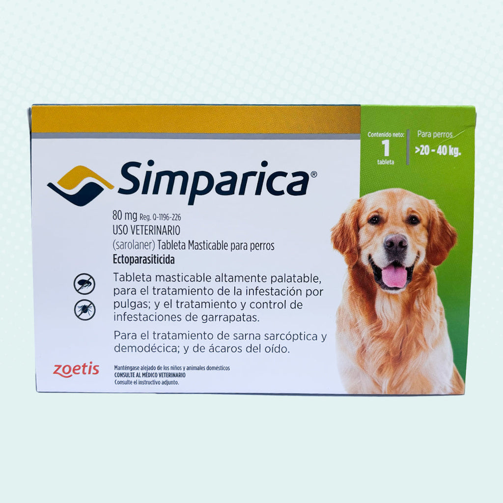 Simparica 80 mg 1 tab 20 a 40 Kilos/ Zoetis/ Antiparasitario externo contra pulgas, garrapatas y sarnas